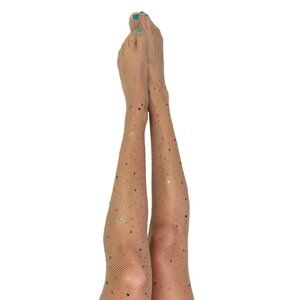 Kixies Tan Rhinestone Mardi Gras Thigh High Stockings No Slip Grips Size D